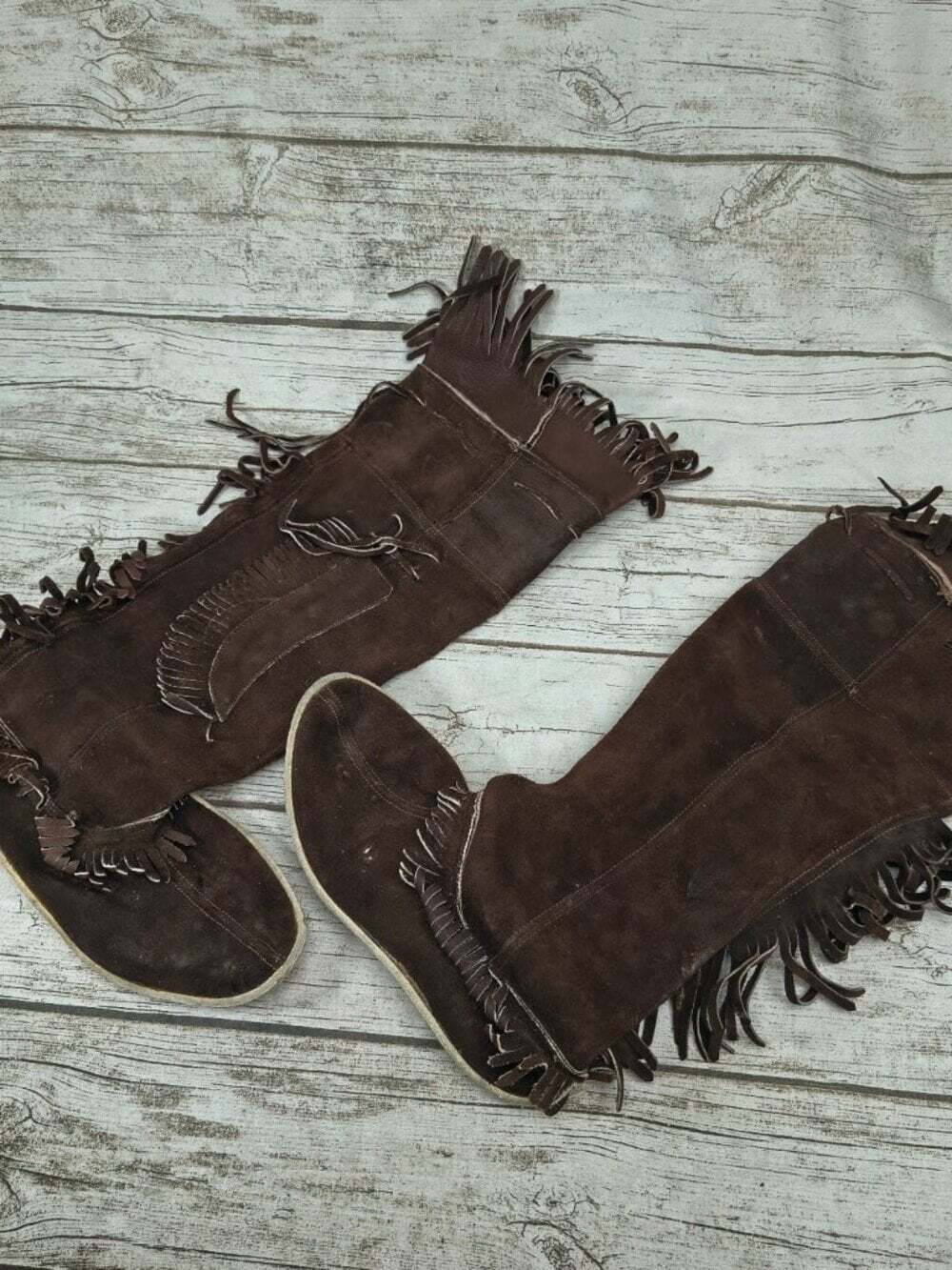 Vintage Dark Brown Suede Fringe Knee High Hunting Moccasin Boots  ~US 9 / 29cm